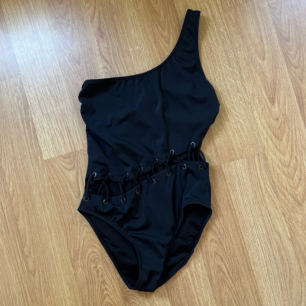 Black‎ One Shoulder One Piece Swimsuit Lace Up Size 10 US Monokini Siren Resort